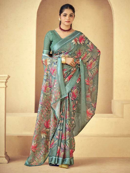 Samriddhi - Sage Green Moss Georgette Digital Print Saree with Satin Patta Border