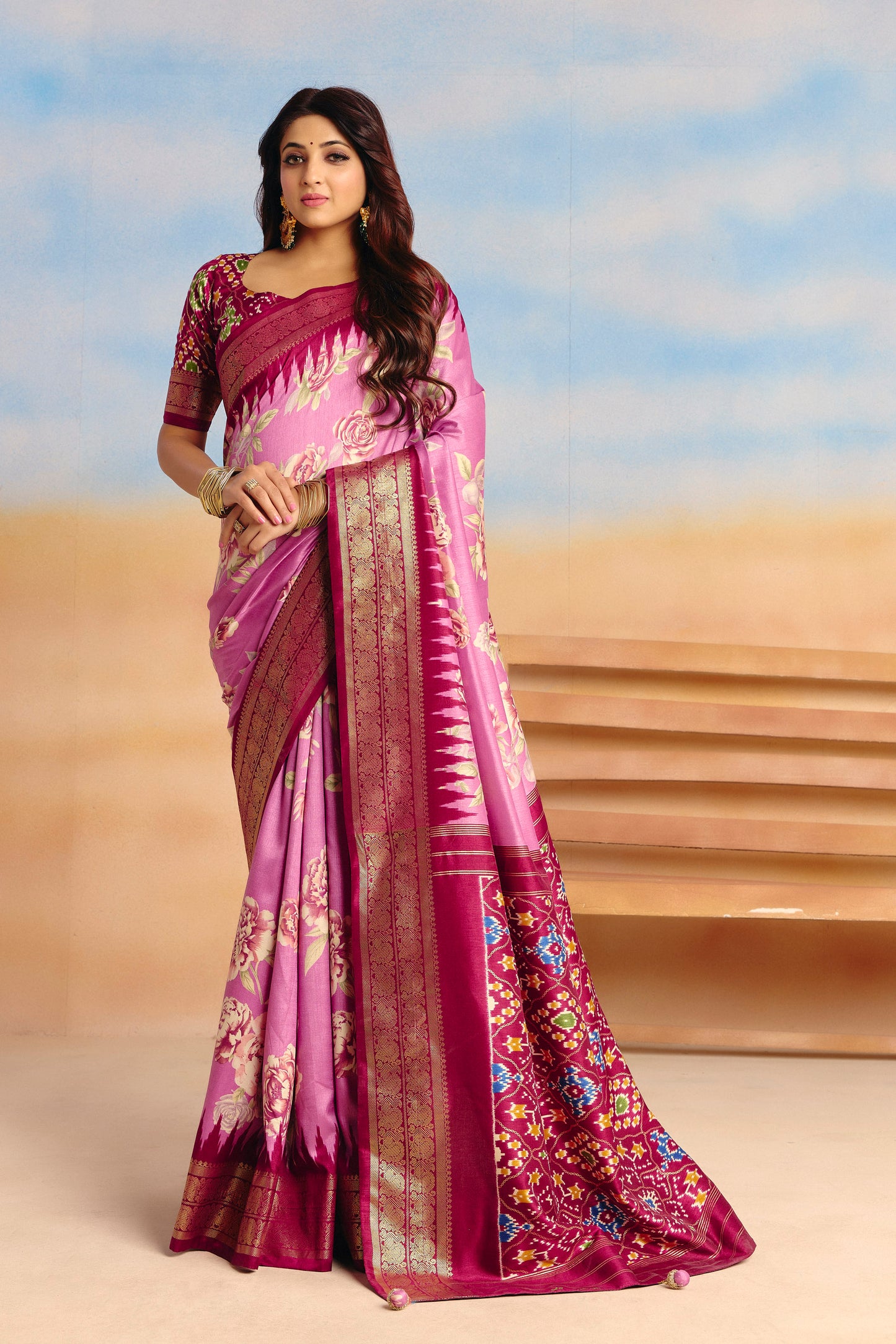 Rangrekha - Purple Floral Printed Soft Silk Saree