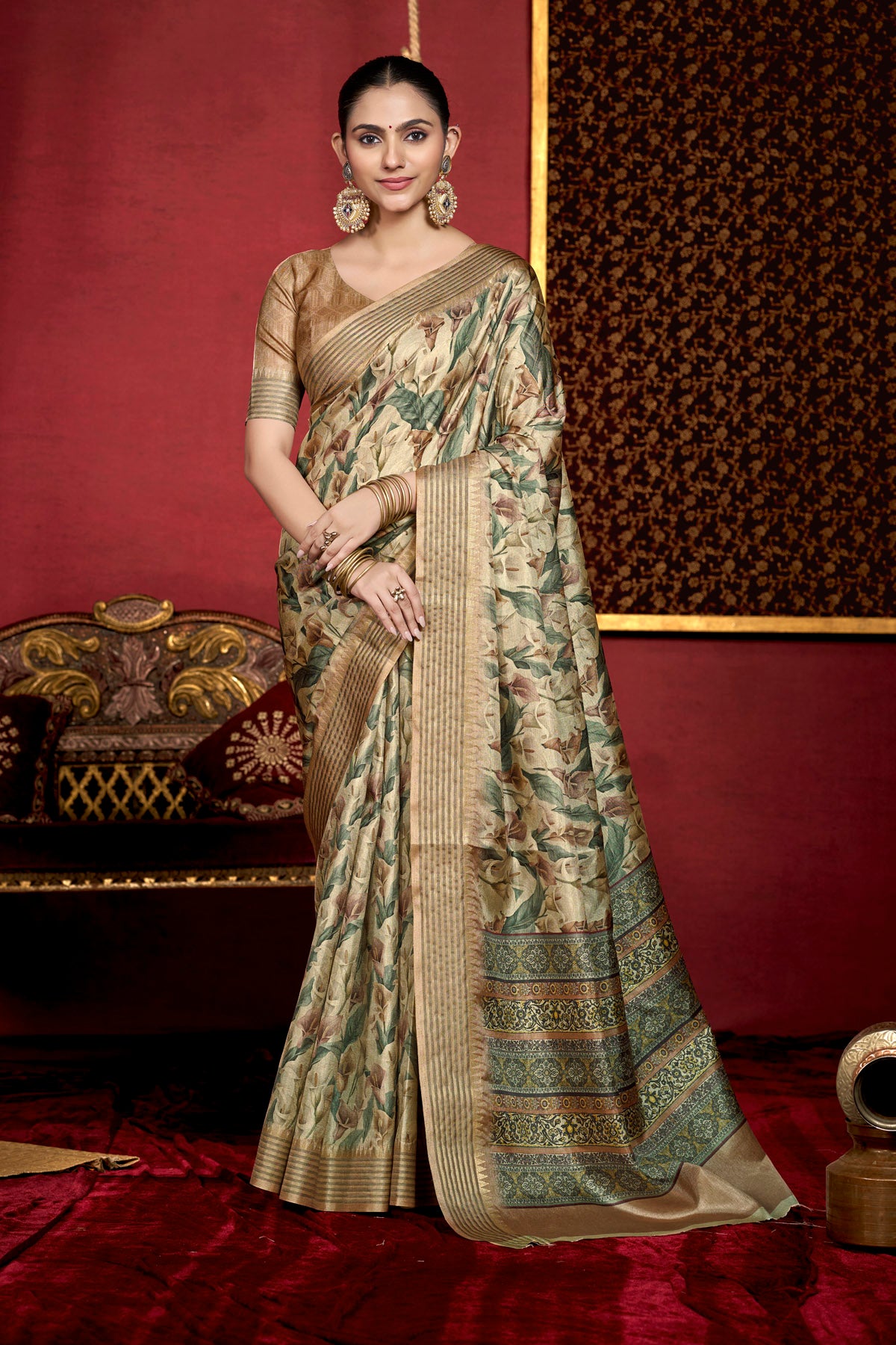 Veera - Mehandi Green Soft Silk Digital Printed Saree with Woven Border
