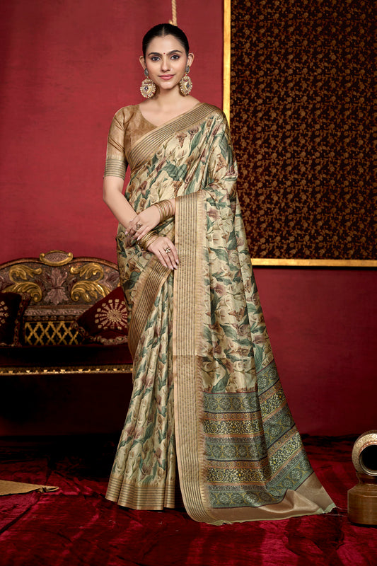 Veera - Mehandi Green Soft Silk Digital Printed Saree with Woven Border