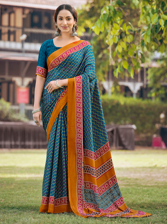 Rajkala - Aqua Blue Printed Crepe Silk Saree