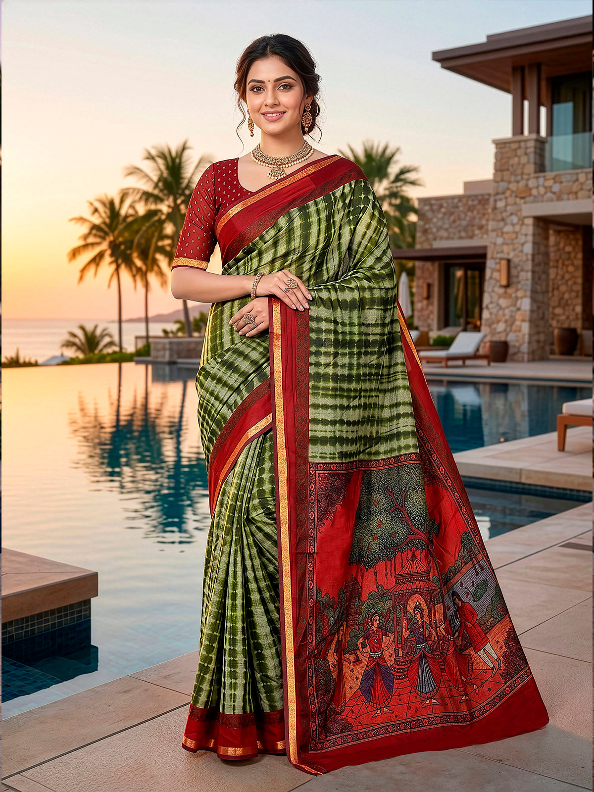 Monalisa - Green Printed Liva Cotton Silk Saree