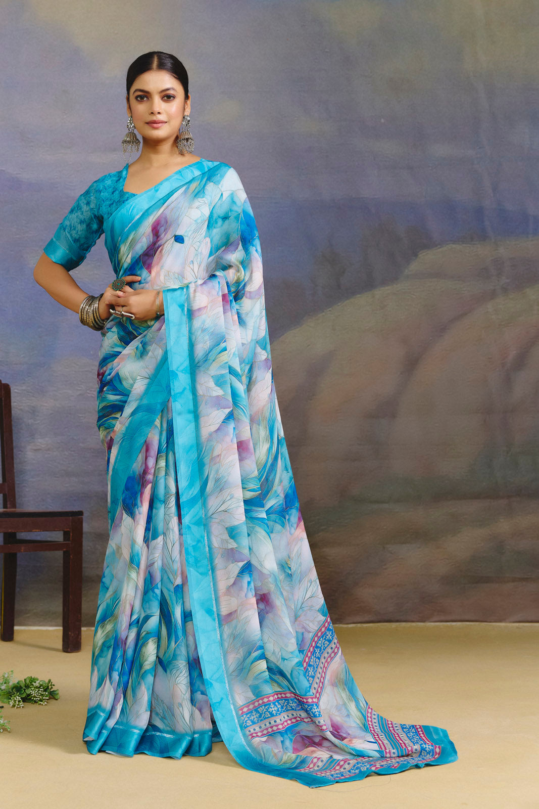 Samriddhi - Sky Blue Moss Georgette Digital Print Saree with Satin Patta Border