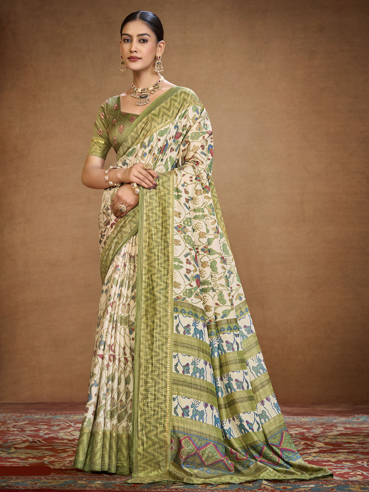 Sentosa - Cream Patola Silk Printed Saree with Figure Print