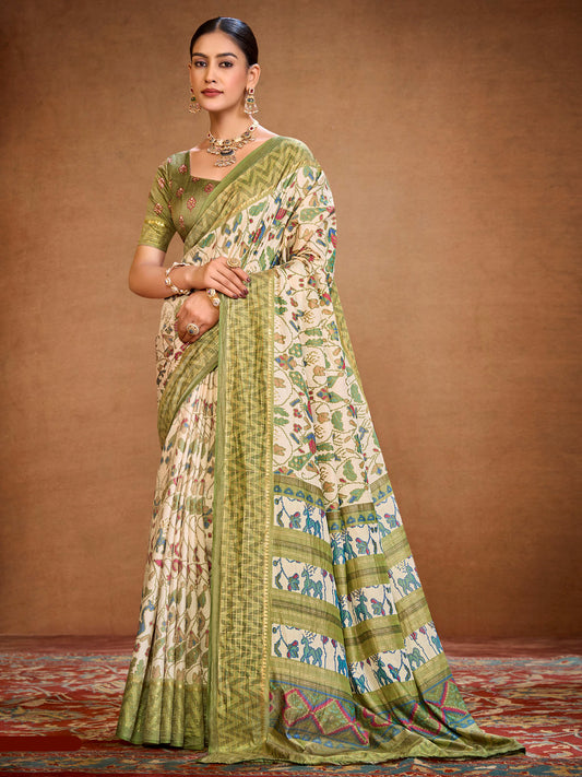 Sentosa - Cream Patola Silk Printed Saree with Figure Print