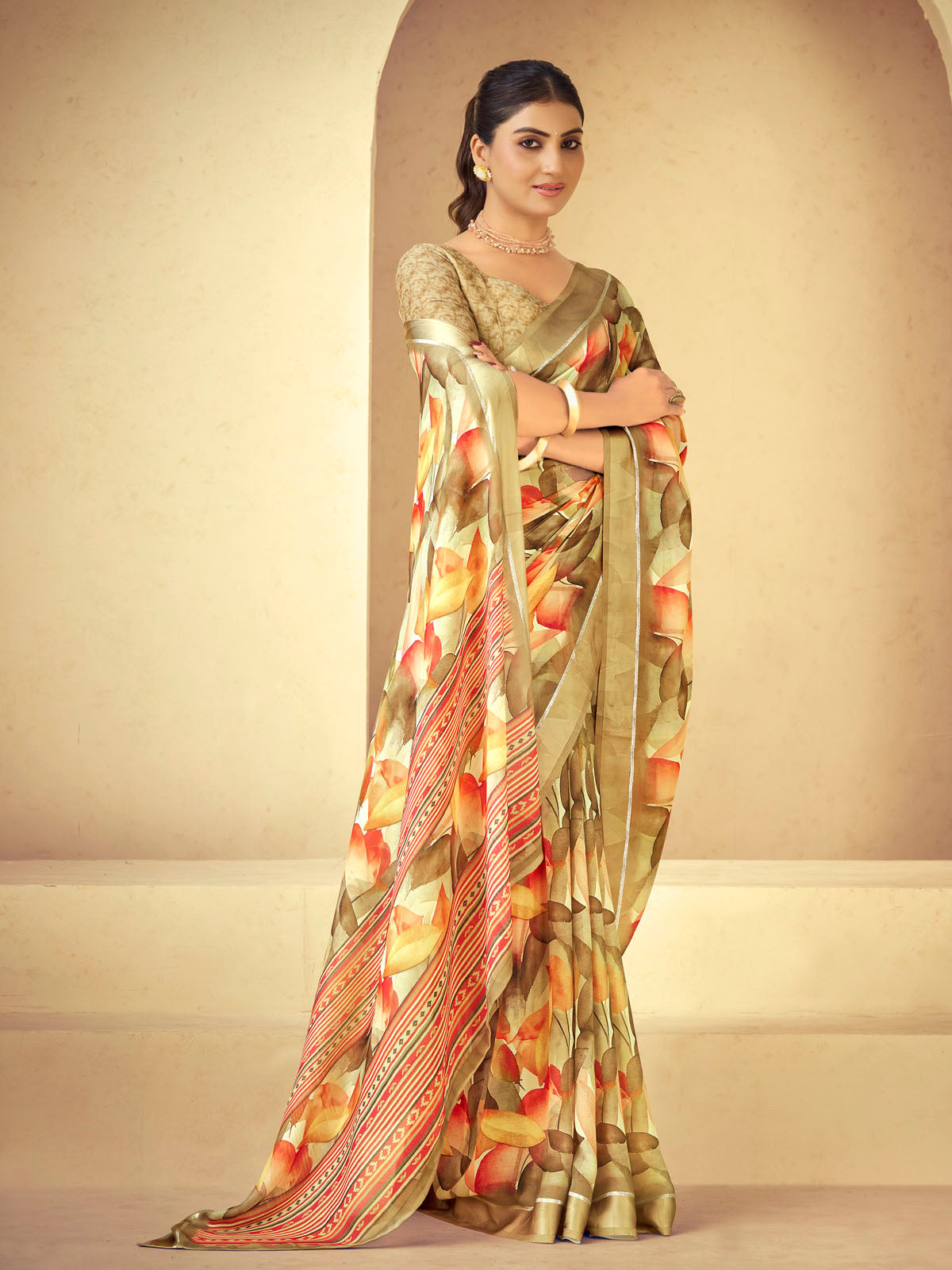 Samriddhi - Lime Green Moss Georgette Digital Print Saree with Satin Patta Border