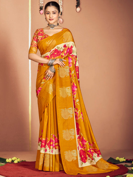 Rajkumari - Yellow Printed Soft Silk Saree with Silk Foil Work