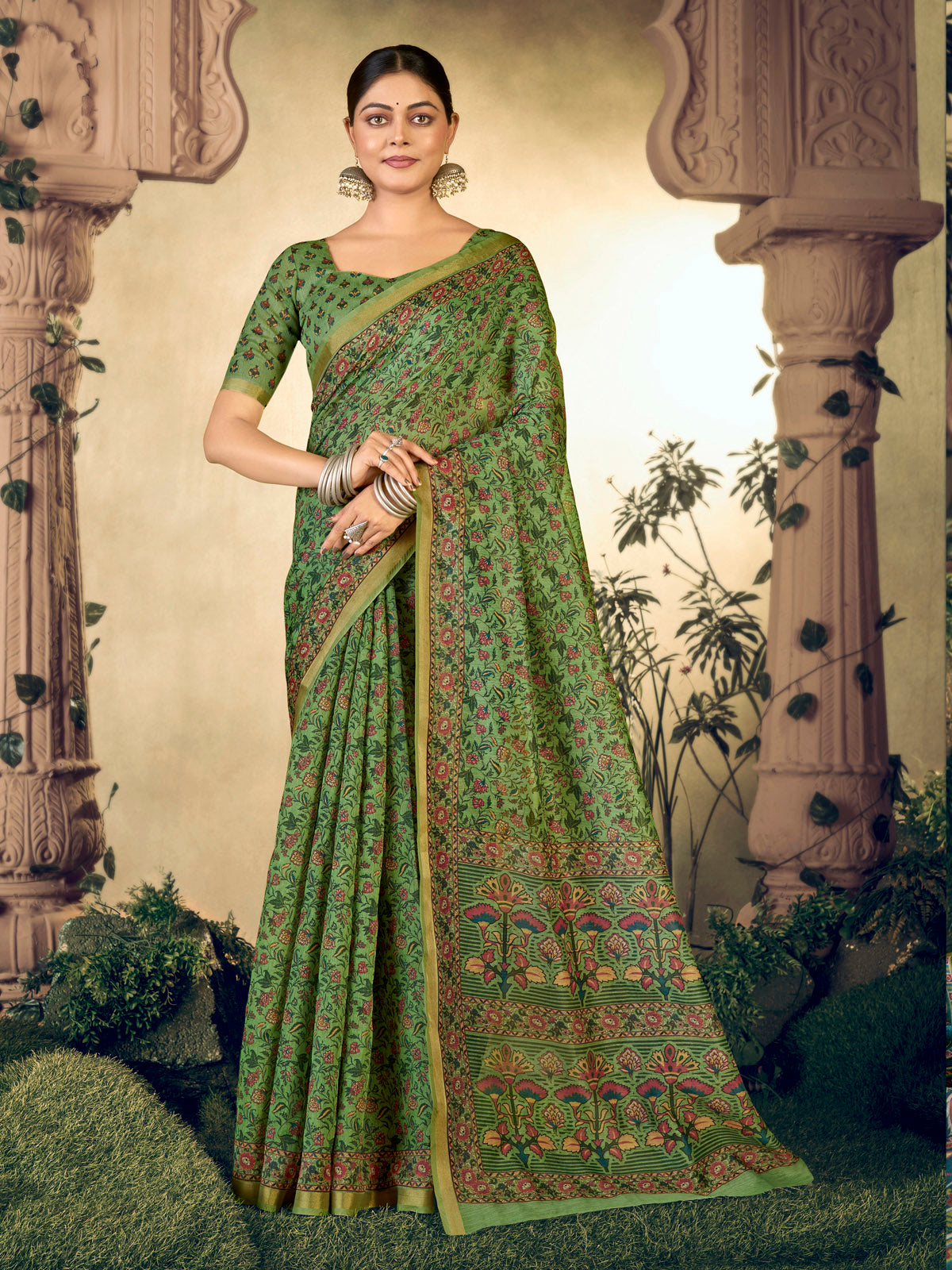 Amrapali - Green Chanderi Cotton Digital Printed Saree with Zari Border