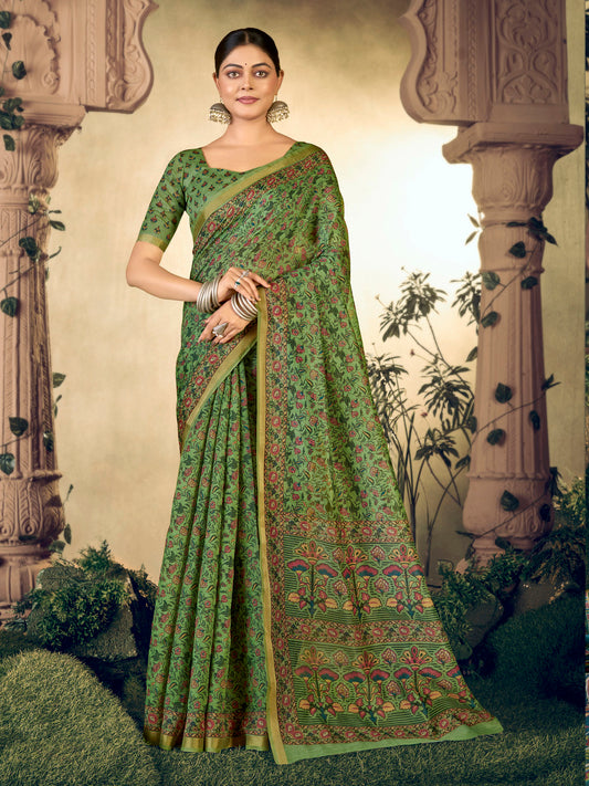 Amrapali - Green Chanderi Cotton Digital Printed Saree with Zari Border