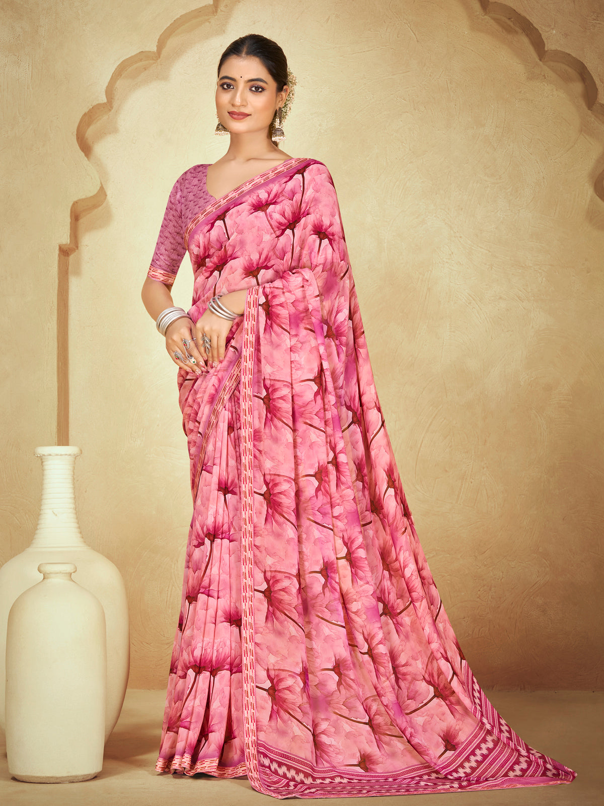Sumedha - Pink Digital Printed Georgette Saree