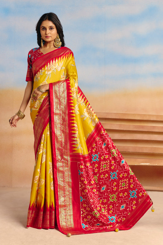 Rangrekha - Yellow Floral Printed Soft Silk Saree