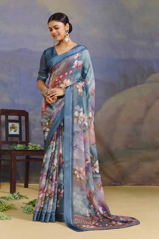 Samriddhi - Steel Blue Moss Georgette Digital Print Saree with Satin Patta Border