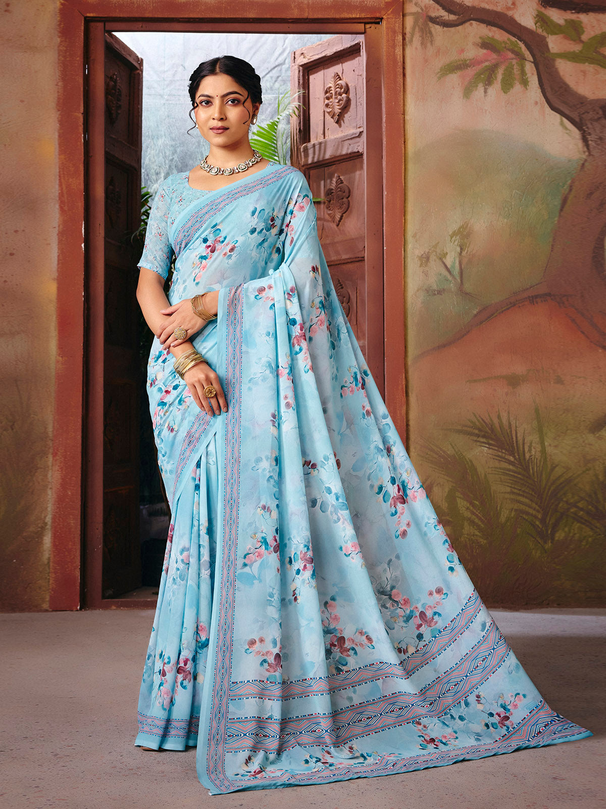 Riddhi - Sky Blue Georgette Floral Digital Printed Saree