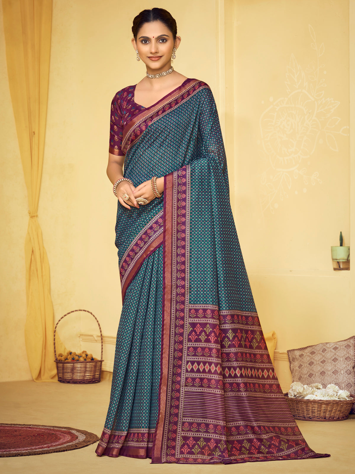 Amrapali - Blue Chanderi Cotton Digital Printed Saree with Zari Border