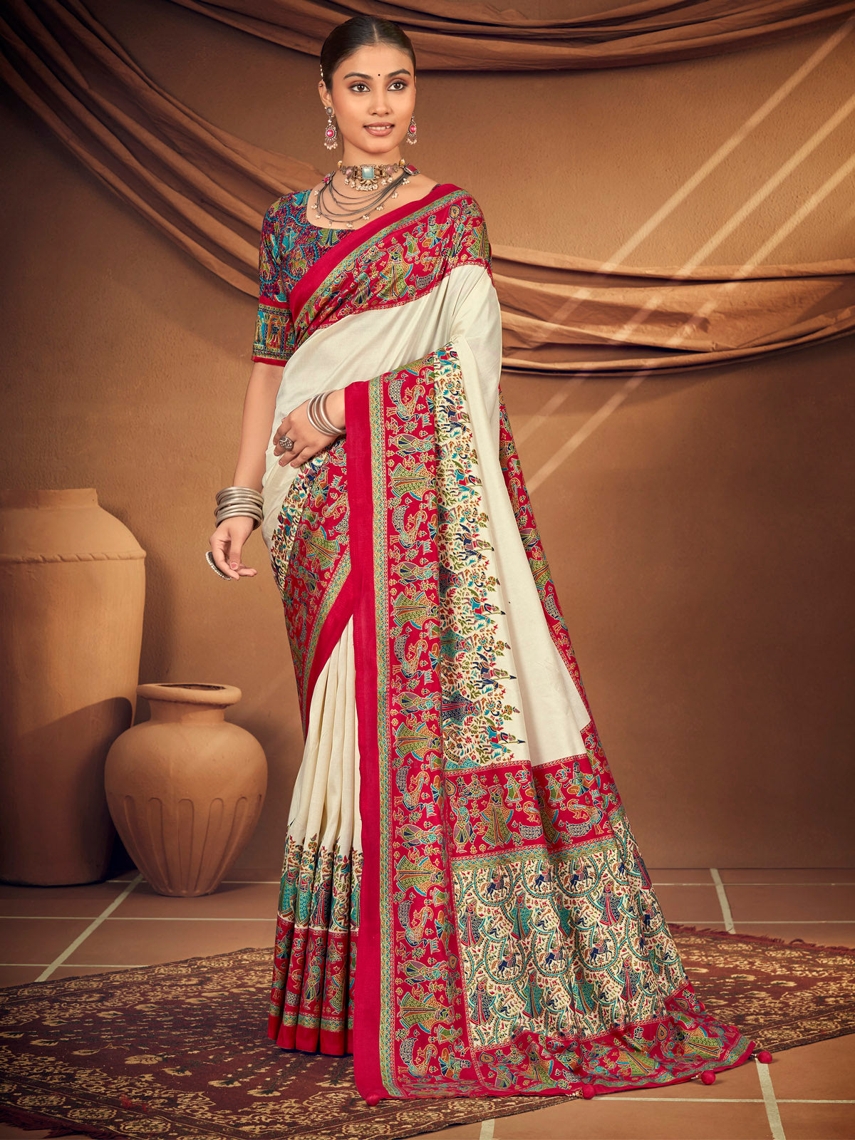 Kumuda - Cream Mysore Silk Jari Printed with Tessals