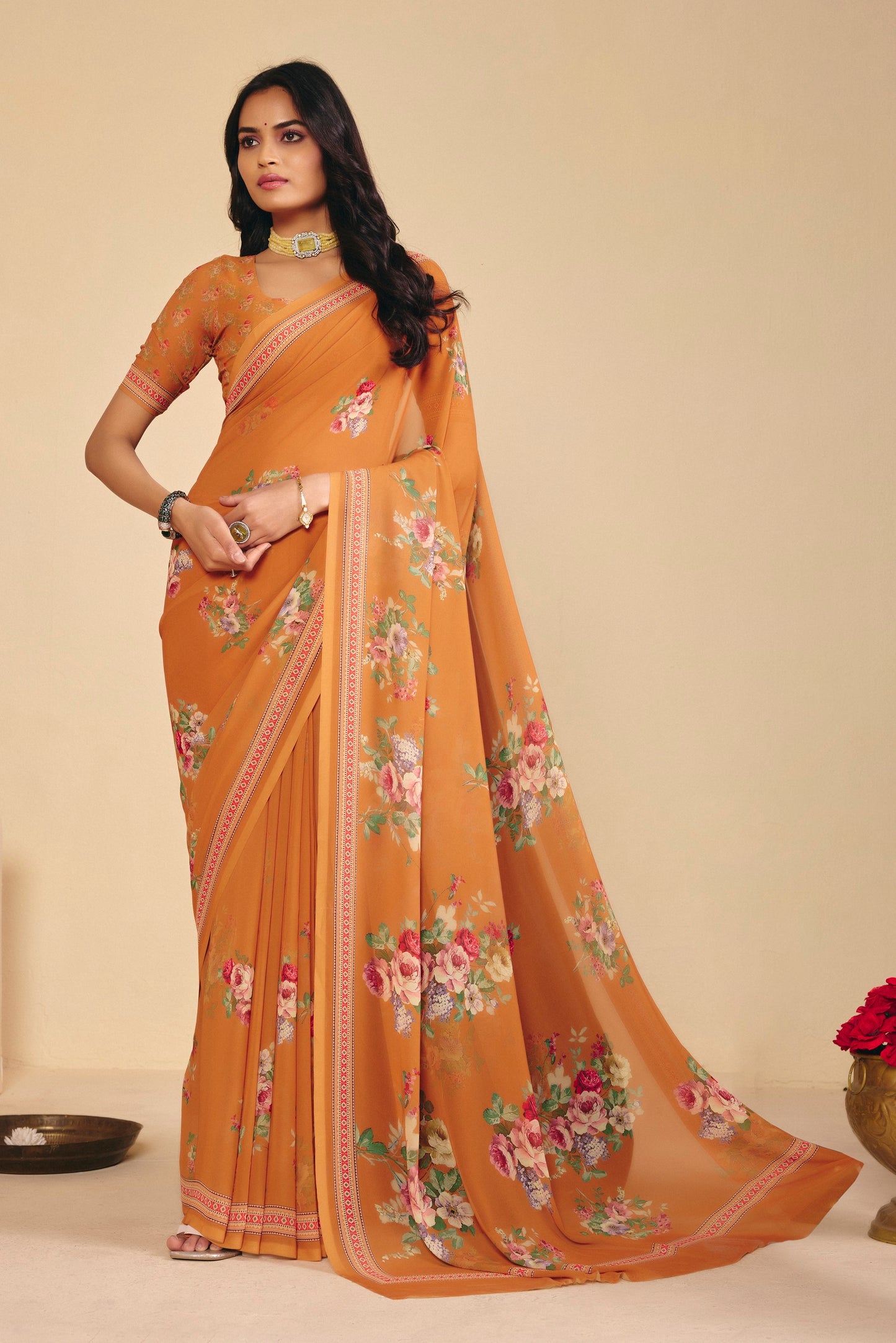 Twisha - Orange Georgette Digital Printed Saree