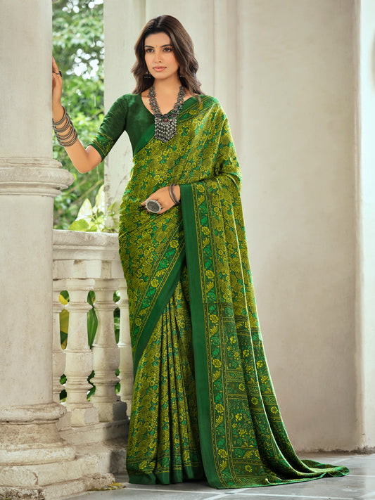 Rajkala - Green Printed Crepe Silk Saree