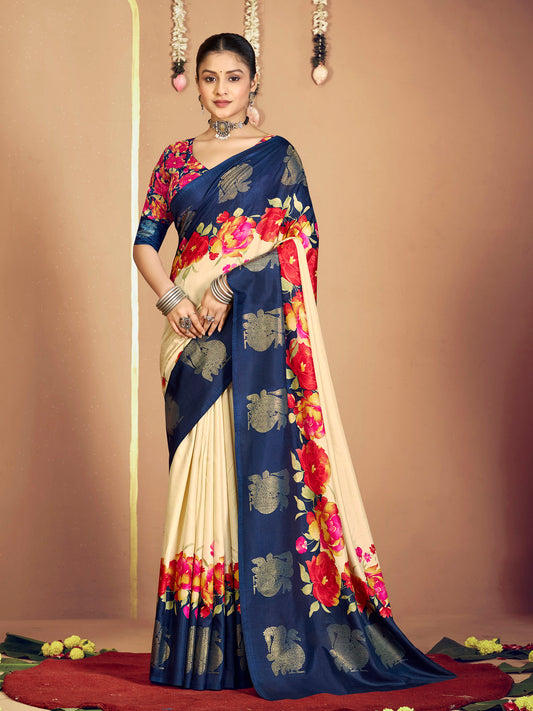 Rajkumari - Cream Printed Soft Silk Saree with Silk Foil Work