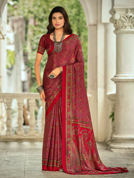 Rajkala - Red Printed Crepe Silk Saree