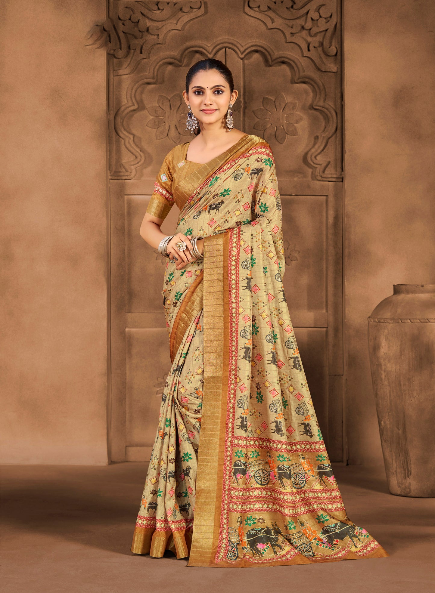 Devsena – Beige Silk Digital Print Saree