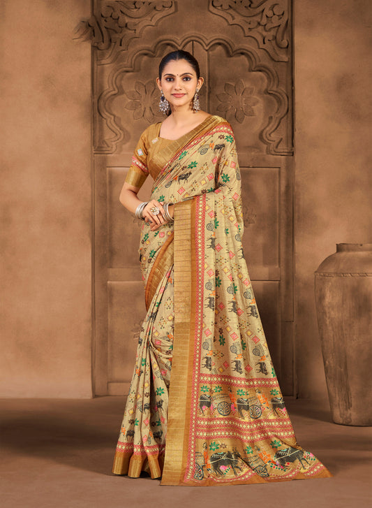 Devsena – Beige Silk Digital Print Saree