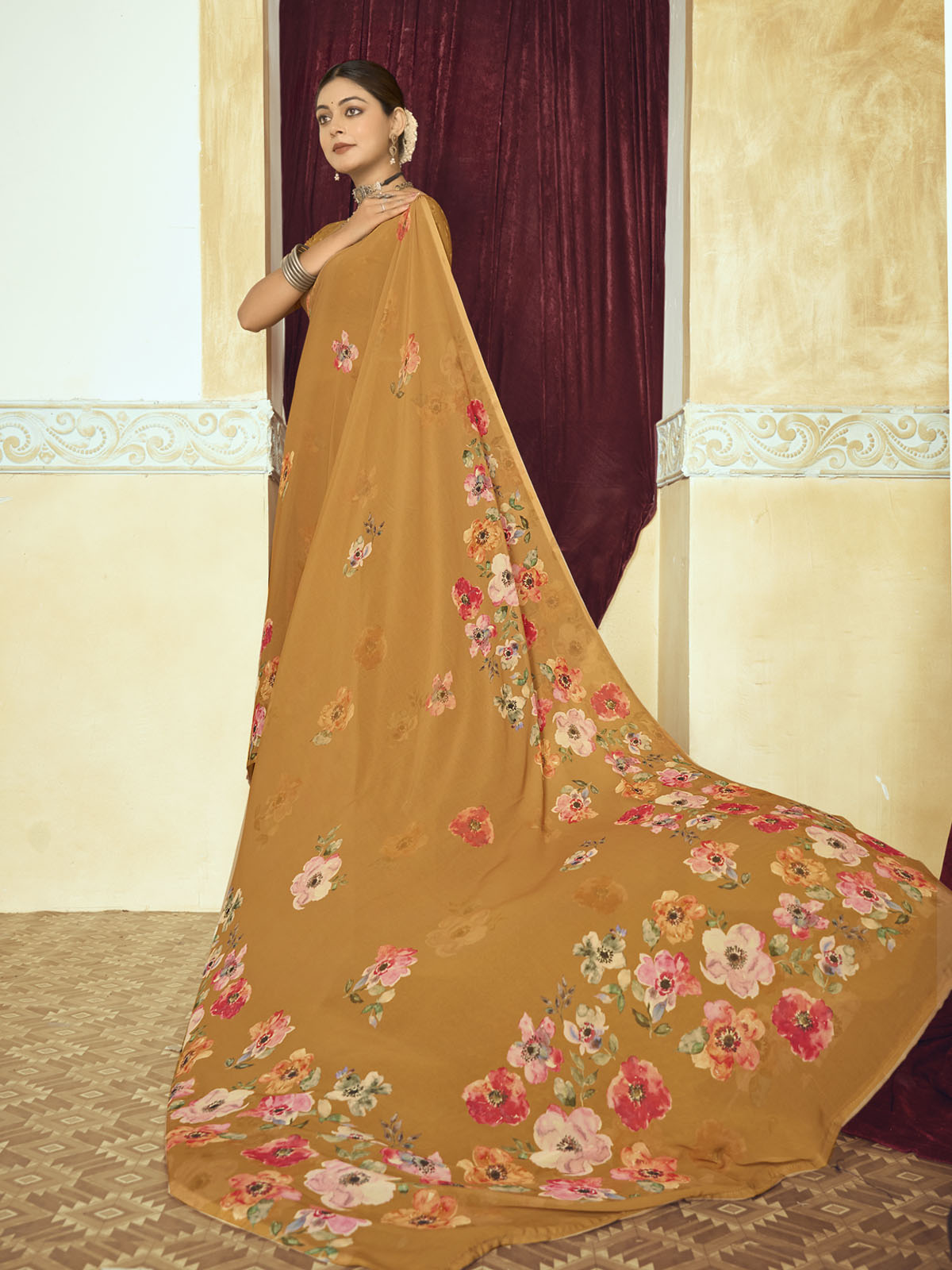 Riddhi - Orange Georgette Floral Digital Printed Saree