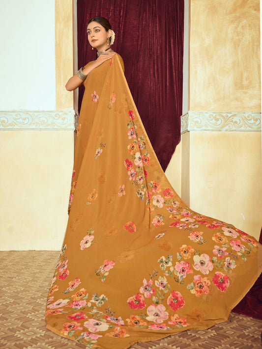 Riddhi - Orange Georgette Floral Digital Printed Saree