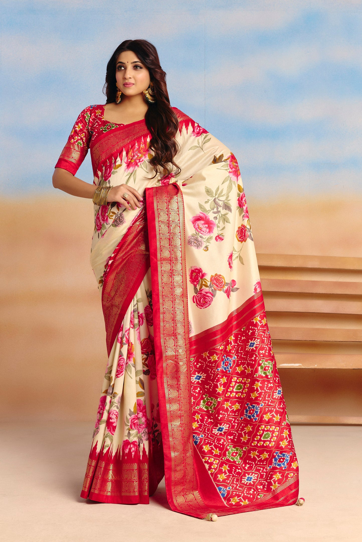 Rangrekha - Cream Floral Printed Soft Silk Saree