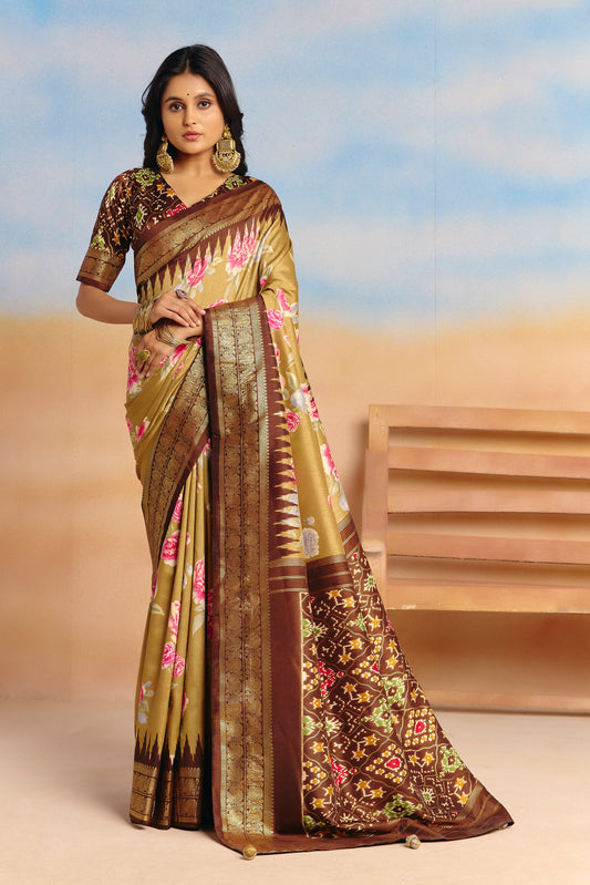 Rangrekha - Green Floral Printed Soft Silk Saree