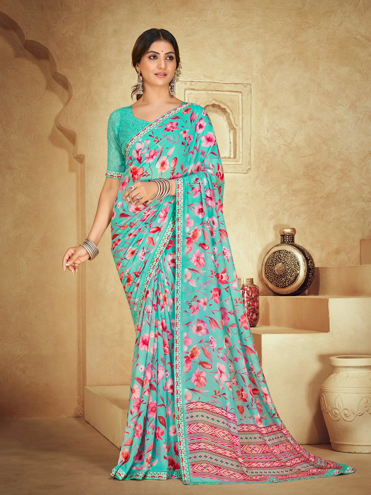 Sumedha - Turquoise Digital Printed Georgette Saree