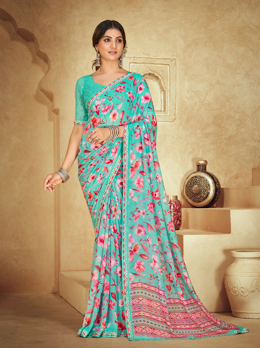 Sumedha - Turquoise Digital Printed Georgette Saree