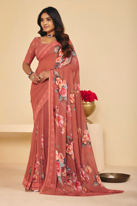 Twisha - Brown Georgette Digital Printed Saree