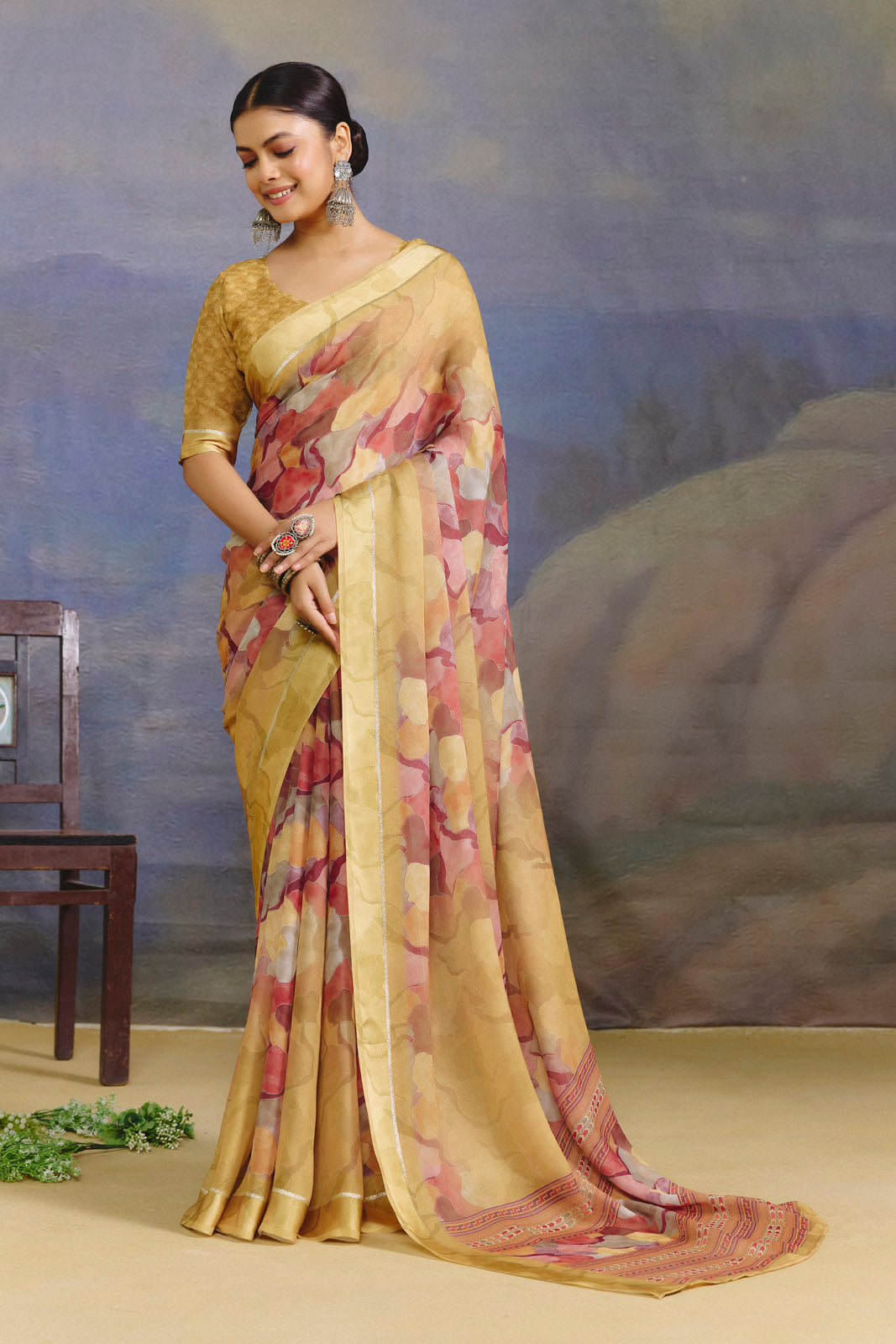 Samriddhi - Yellow Moss Georgette Digital Print Saree with Satin Patta Border
