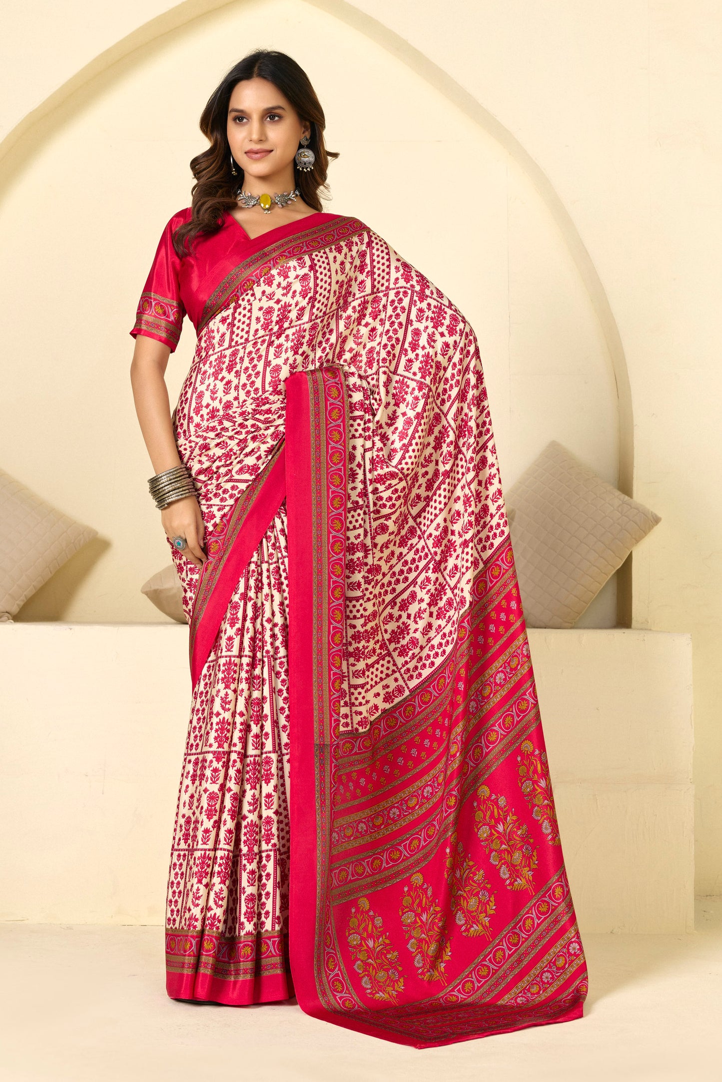 Rajkala - Pink Floral Printed Crepe Silk Saree