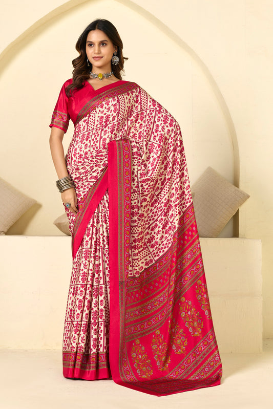 Rajkala - Pink Floral Printed Crepe Silk Saree
