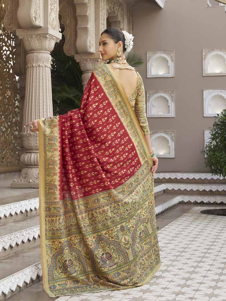 Gulmarg - Red Silk Digital Printed Saree with Zari Border