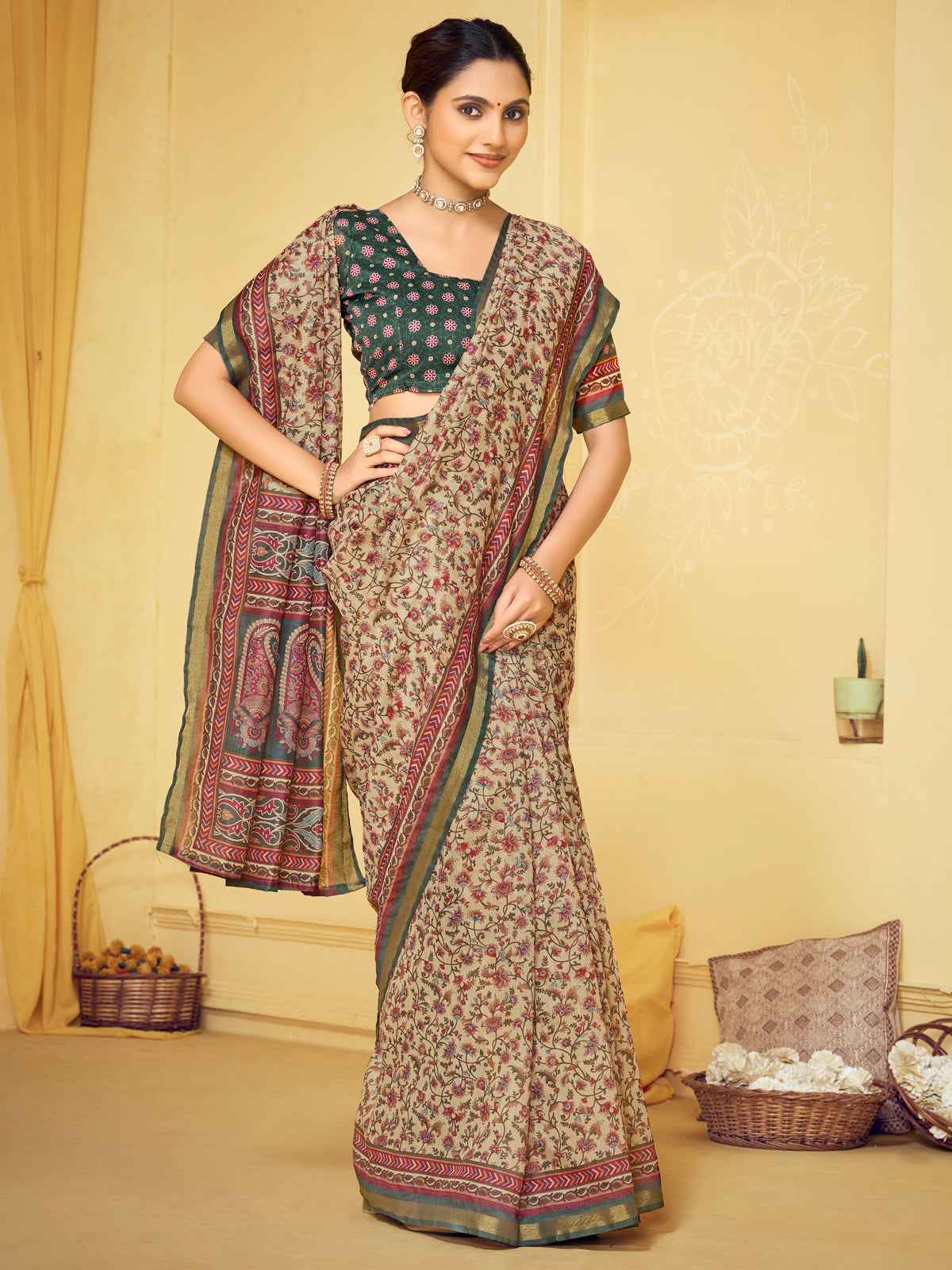 Amrapali - Beige Chanderi Cotton Digital Printed Saree with Zari Border