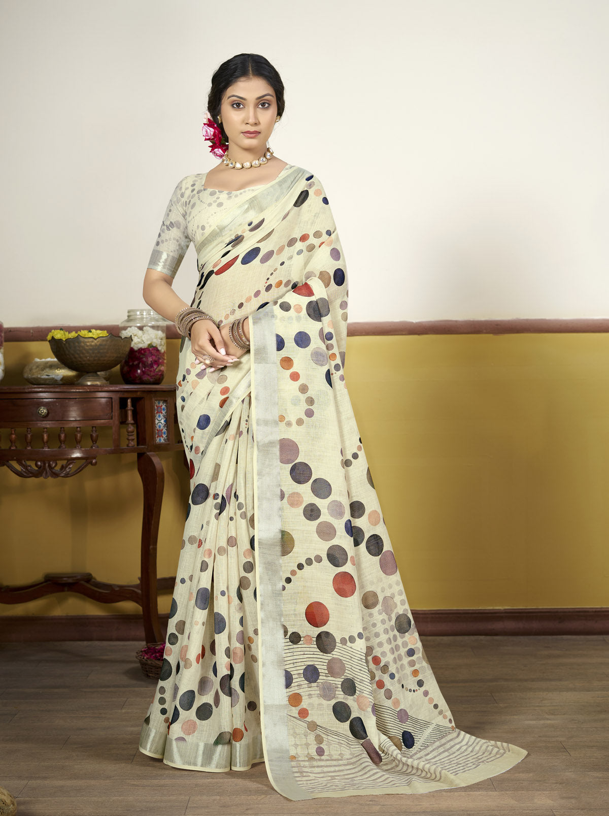 Rachna - Light Yellow Linen Digital Print Saree with Woven Border