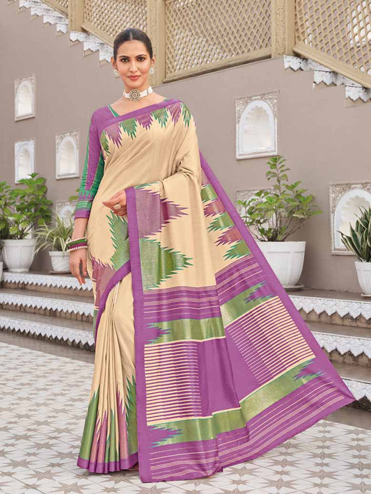 Gulmarg - Beige Silk Digital Printed Saree with Zari Border