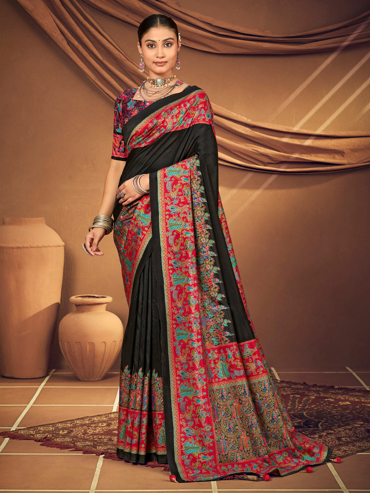 Kumuda - Black Mysore Silk Jari Printed with Tessals