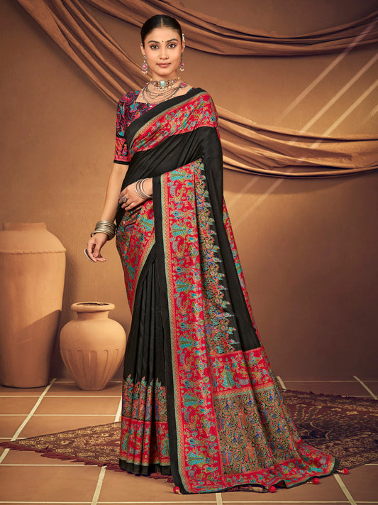Kumuda - Black Mysore Silk Jari Printed with Tessals
