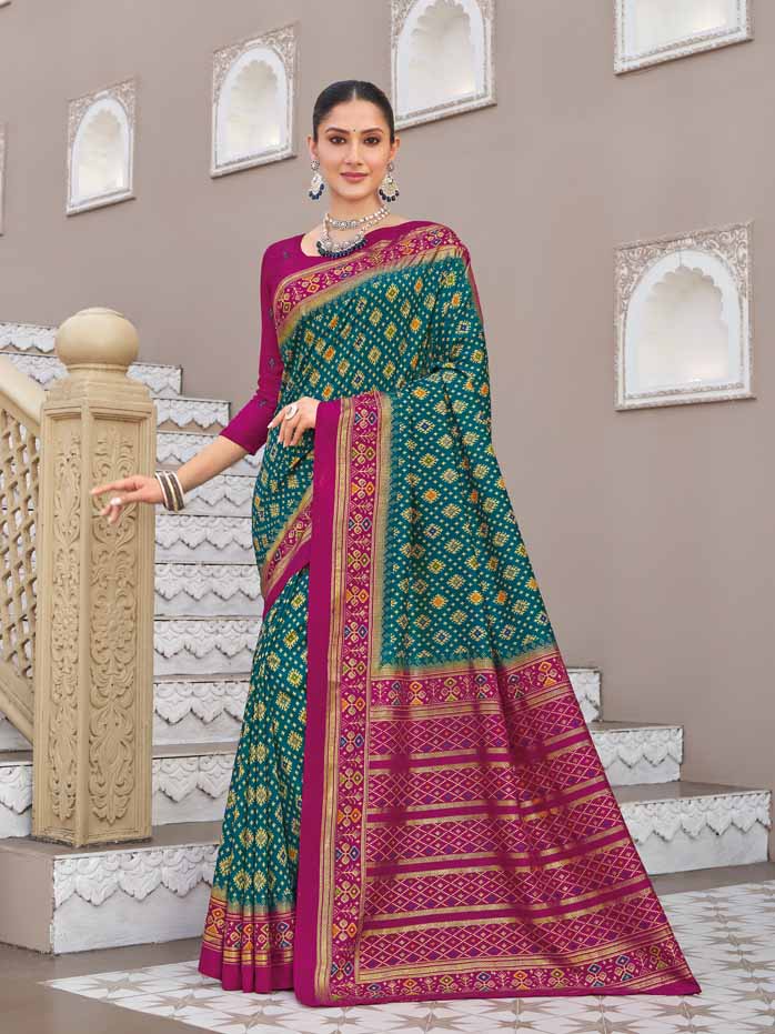 Gulmarg - Teal Silk Digital Printed Saree with Zari Border