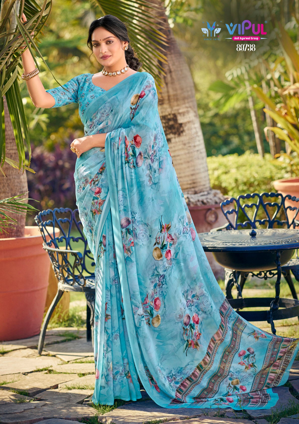 Riddhi - Sky Blue Georgette Floral Digital Printed Saree