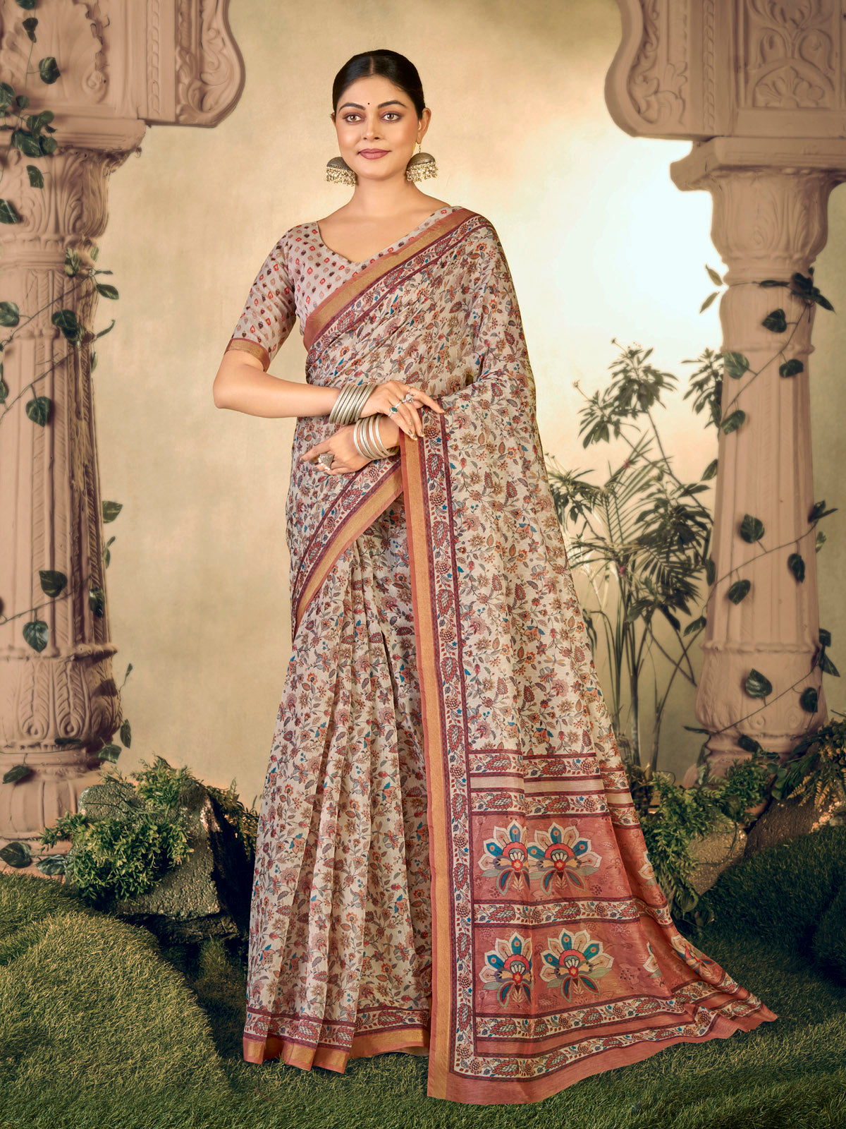 Amrapali - Off White Chanderi Cotton Digital Printed Saree with Zari Border