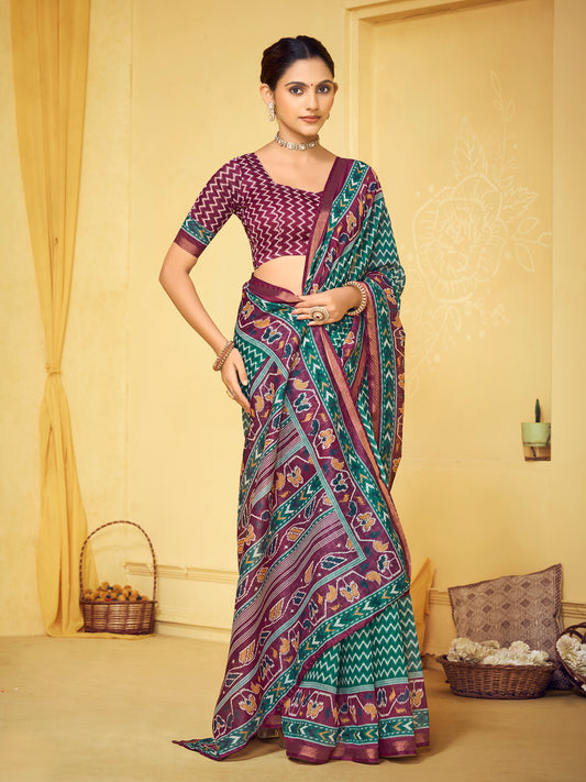 Amrapali - Teal Chanderi Cotton Digital Printed Saree with Zari Border