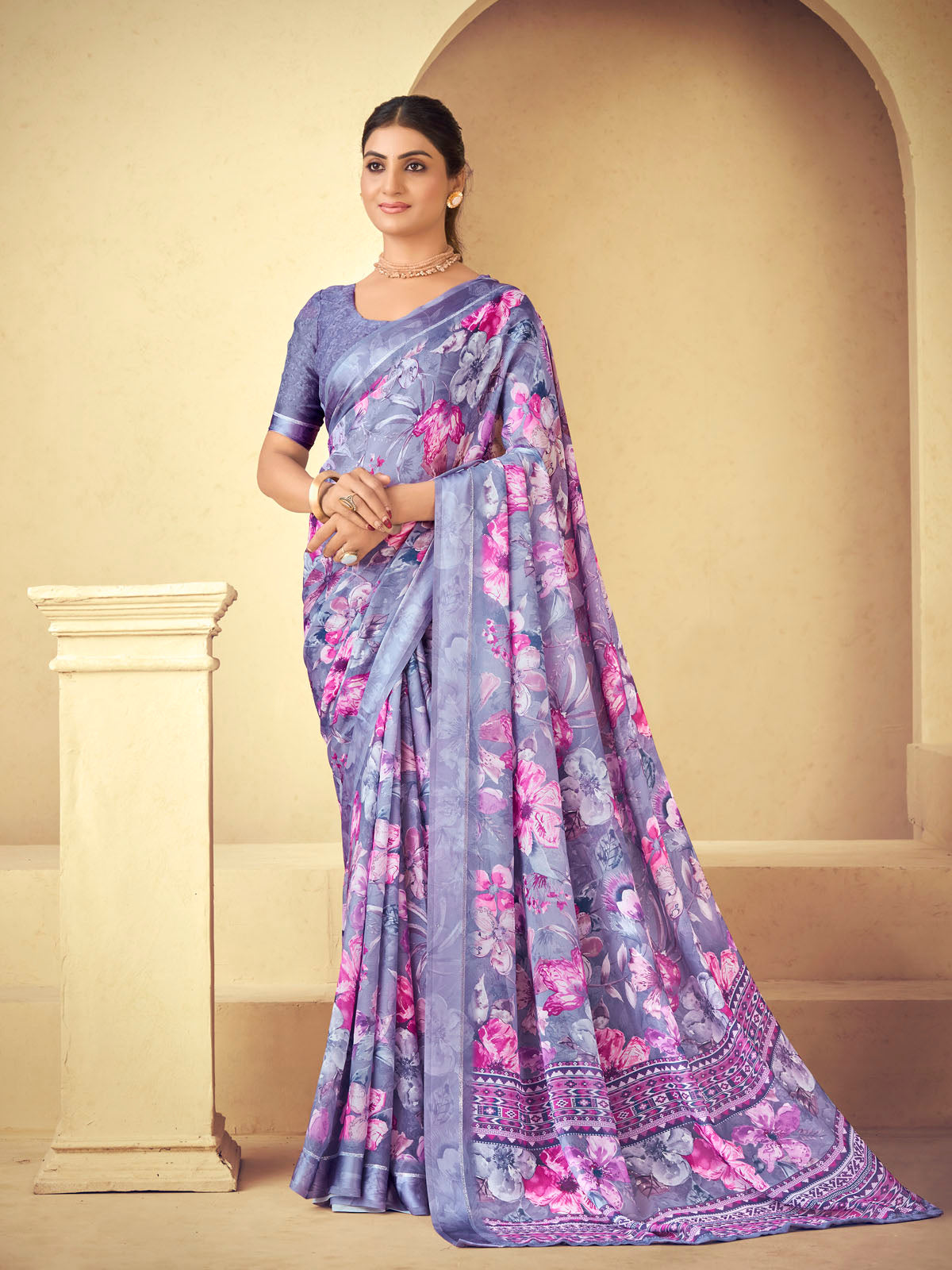 Samriddhi - Mauve Moss Georgette Digital Print Saree with Satin Patta Border
