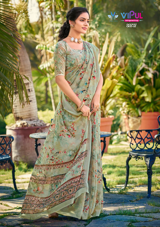 Riddhi - Sea Green Georgette Floral Digital Printed Saree