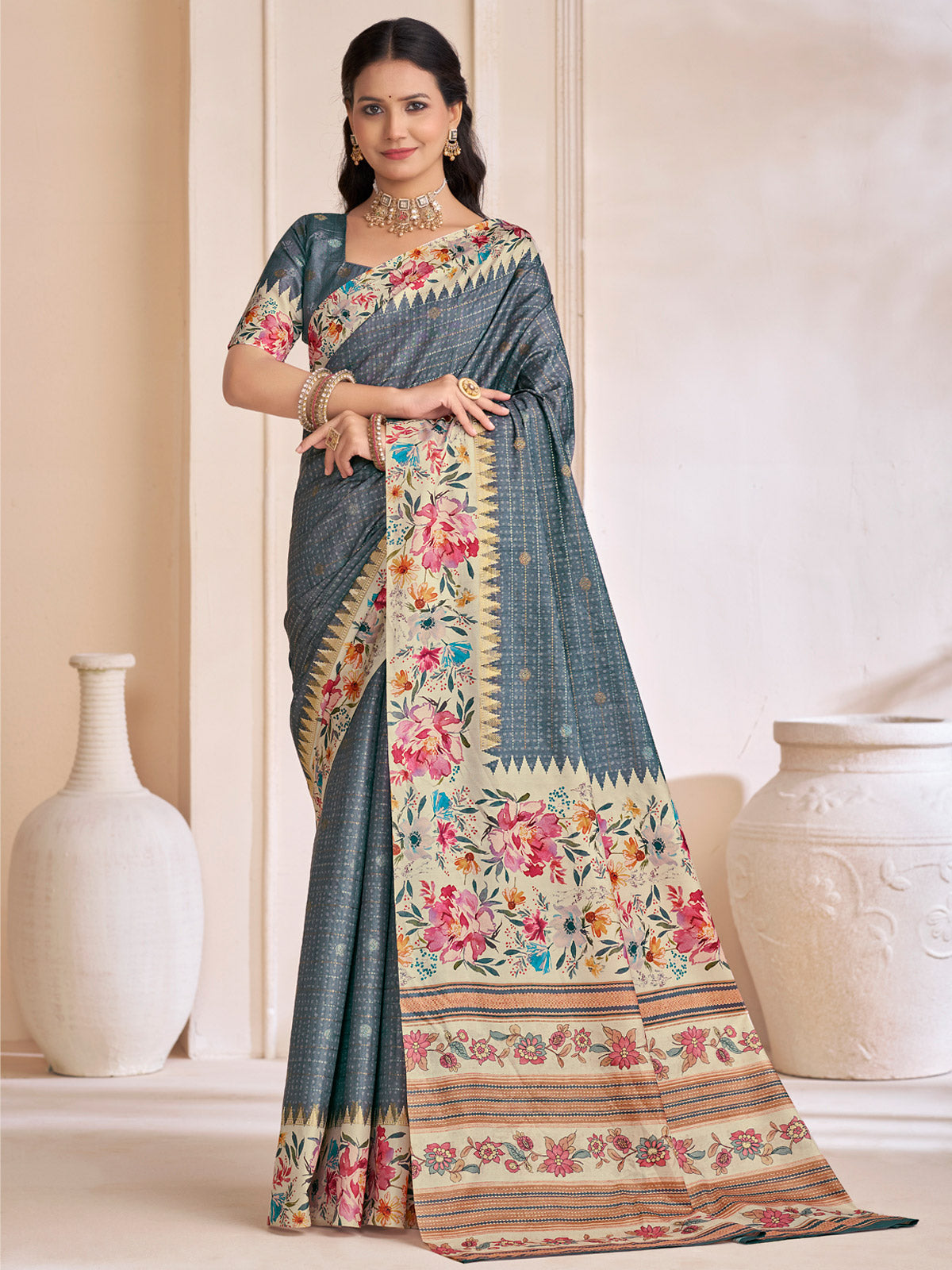Rutvaa - Grey Digital Printed Silk Saree