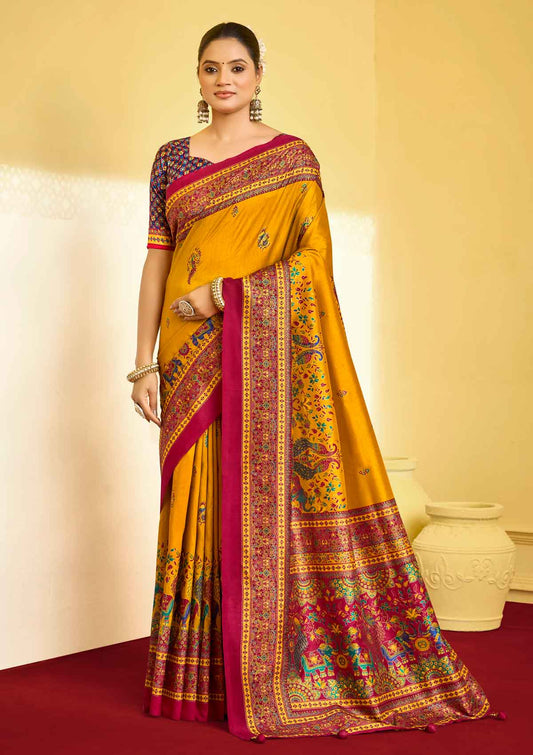 Kumuda - Yellow Silk Printed Saree with Delicate Foil Work