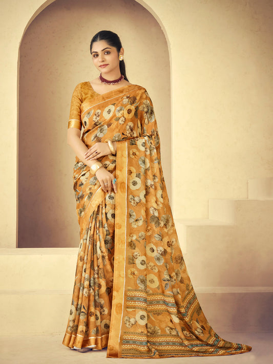 Samriddhi - Yellow Moss Georgette Digital Print Saree with Satin Patta Border